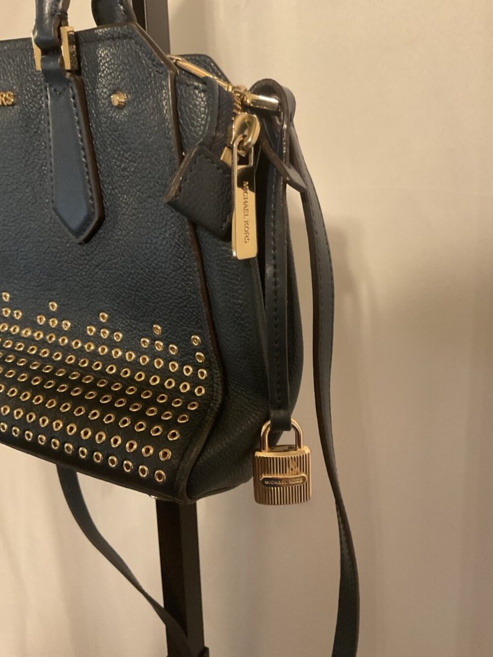 Michael Kors Navy Studded Leather Satchel Crossbody Gold Hardware - Picture 8 of 8